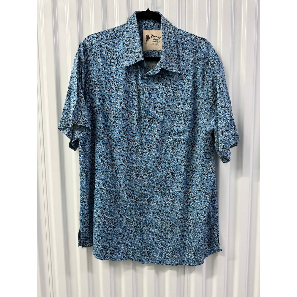Vintage Silk Button Down Shirt Mens XXL Blue Floral Short Sleeve Excellent Silk